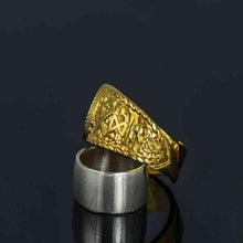 Load image into Gallery viewer, 14K Gold Hail Odin Runes Black Sun Viking Ring | Nordic Inspired Jewelry