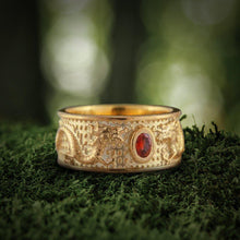 Load image into Gallery viewer, Norse Dragon 14K Gold Ring | Red Cubic Zirconia