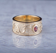 Load image into Gallery viewer, Norse Dragon 14K Gold Ring | Red Cubic Zirconia