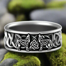Load image into Gallery viewer, Viking Wolf Ring with Twin Howling Wolves | Celtic Knot Design