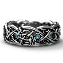 Load image into Gallery viewer, Viking Wolf Ring with Blue Cubic Zirconia | Sterling Silver | Celtic Style