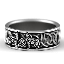 Load image into Gallery viewer, Viking Wolf Ring with Twin Howling Wolves | Celtic Knot Design