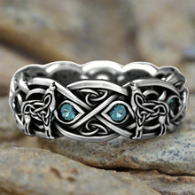Load image into Gallery viewer, Viking Wolf Ring with Blue Cubic Zirconia | Sterling Silver | Celtic Style