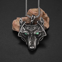 Load image into Gallery viewer, Stainless Steel Viking Wolf Necklace Fenrir | Colorful Rhinestone Eyes
