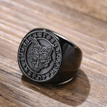 Load image into Gallery viewer, Black Viking Wolf Ring with Wolf Head Vegvisir | Nordic Runes