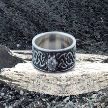 Load image into Gallery viewer, Beautiful Ornament Ring with White Cubic Zirconia Sterling Silver Viking Ring