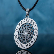 Load image into Gallery viewer, Black Sun Symbol with Elder Futhark Runes Sterling Silver Pendant