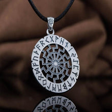 Load image into Gallery viewer, Black Sun Symbol with Elder Futhark Runes Sterling Silver Pendant