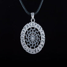 Load image into Gallery viewer, Black Sun Symbol with Elder Futhark Runes Sterling Silver Pendant