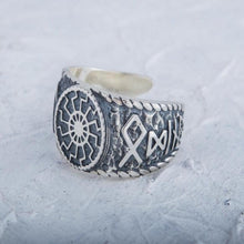 Load image into Gallery viewer, Black Sun Symbol with HAIL ODIN Runes Sterling Silver Viking Ring
