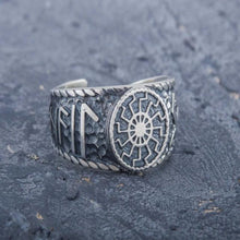 Load image into Gallery viewer, Black Sun Symbol with HAIL ODIN Runes Sterling Silver Viking Ring