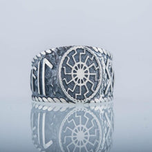 Load image into Gallery viewer, Black Sun Symbol with HAIL ODIN Runes Sterling Silver Viking Ring