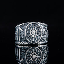 Load image into Gallery viewer, Black Sun Symbol with HAIL ODIN Runes Sterling Silver Viking Ring
