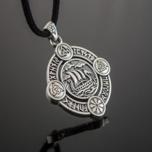 Load image into Gallery viewer, Drakkar Pendant with Norse Symbols Sterling Silver Viking Necklace