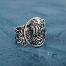 Load image into Gallery viewer, Drakkar Symbol with Wolf Ornament Ring | Unique Norse Jewelry