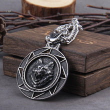 Load image into Gallery viewer, Fenrir Wolf of Ragnarok Medallion Talisman Necklace | Steel Viking Jewelry