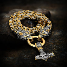 Load image into Gallery viewer, Wolf's Head Thor's Hammer Mjolnir Viking Necklace | Gold & Steel Chain