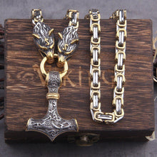 Load image into Gallery viewer, Wolf's Head Thor's Hammer Mjolnir Viking Necklace | Gold & Steel Chain