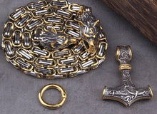 Load image into Gallery viewer, Wolf's Head Thor's Hammer Mjolnir Viking Necklace | Gold & Steel Chain