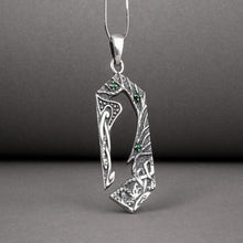 Load image into Gallery viewer, Handcrafted 925 silver Raven pendant with gems and ornament, unique Viking jewelry