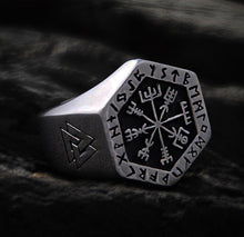 Load image into Gallery viewer, Hexagon Steel Viking Compass Vegvisir Ring