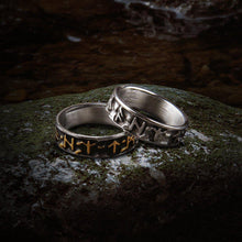 Load image into Gallery viewer, Norse Futhark Rune Ring in Bold Steel