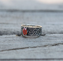 Load image into Gallery viewer, Norse Ring with Green Cubic Zirconia Sterling Silver Handmade Ring