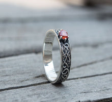 Load image into Gallery viewer, Norse Ring with Green Cubic Zirconia Sterling Silver Handmade Ring