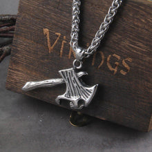 Load image into Gallery viewer, Silver Skull Axe Pendant Viking Necklace
