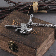 Load image into Gallery viewer, Silver Skull Axe Pendant Viking Necklace
