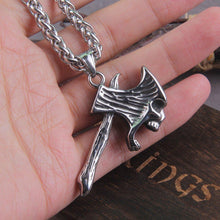 Load image into Gallery viewer, Silver Skull Axe Pendant Viking Necklace