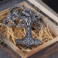 Load image into Gallery viewer, Skull Thor's Hammer Mjolnir with Helm of Awe Seal Pendant Necklace
