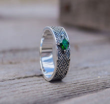 Load image into Gallery viewer, Slavic Ornament Ring with Cubic Zirconia Sterling Silver Pagan Ring
