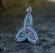 Load image into Gallery viewer, Triquetra Symbol Pendant with Red Cubic Zirconia Sterling Silver Celtic Necklace