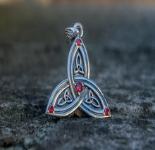 Load image into Gallery viewer, Triquetra Symbol Pendant with Red Cubic Zirconia Sterling Silver Celtic Necklace