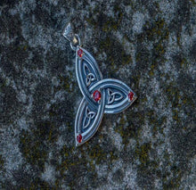 Load image into Gallery viewer, Triquetra Symbol Pendant with Red Cubic Zirconia Sterling Silver Celtic Necklace