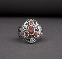 Load image into Gallery viewer, Unique Ancient Norse ring With triquetra and gems, handcrafted jewelry with Celtic ornament