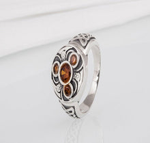 Load image into Gallery viewer, Unique Ancient Norse ring With triquetra and gems, handcrafted jewelry with Celtic ornament