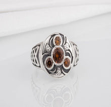 Load image into Gallery viewer, Unique Ancient Norse ring With triquetra and gems, handcrafted jewelry with Celtic ornament