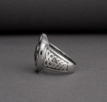 Load image into Gallery viewer, Unique Ancient Norse ring With triquetra and gems, handcrafted jewelry with Celtic ornament