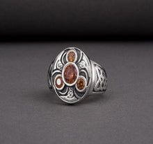Load image into Gallery viewer, Unique Ancient Norse ring With triquetra and gems, handcrafted jewelry with Celtic ornament