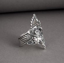 Load image into Gallery viewer, Handcrafted Viking Hati and Skoll Ring | Sterling Silver Norse Jewelry