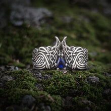 Load image into Gallery viewer, Unique Viking ravens ring with blue gem, handcrafted norse ornament jewelry