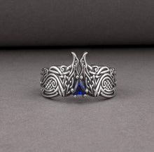 Load image into Gallery viewer, Unique Viking ravens ring with blue gem, handcrafted norse ornament jewelry