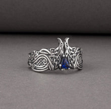 Load image into Gallery viewer, Unique Viking ravens ring with blue gem, handcrafted norse ornament jewelry