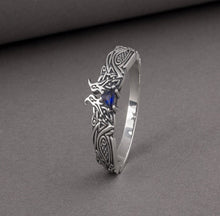 Load image into Gallery viewer, Unique Viking ravens ring with blue gem, handcrafted norse ornament jewelry