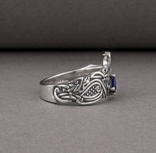 Load image into Gallery viewer, Unique Viking ravens ring with blue gem, handcrafted norse ornament jewelry