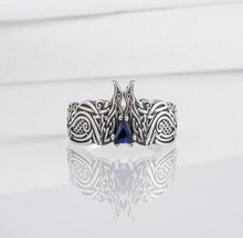 Load image into Gallery viewer, Unique Viking ravens ring with blue gem, handcrafted norse ornament jewelry