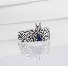 Load image into Gallery viewer, Unique Viking ravens ring with blue gem, handcrafted norse ornament jewelry