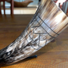 Load image into Gallery viewer, Viking Drinking Horn with Belt Loop and Iron Stand - Scale Pattern